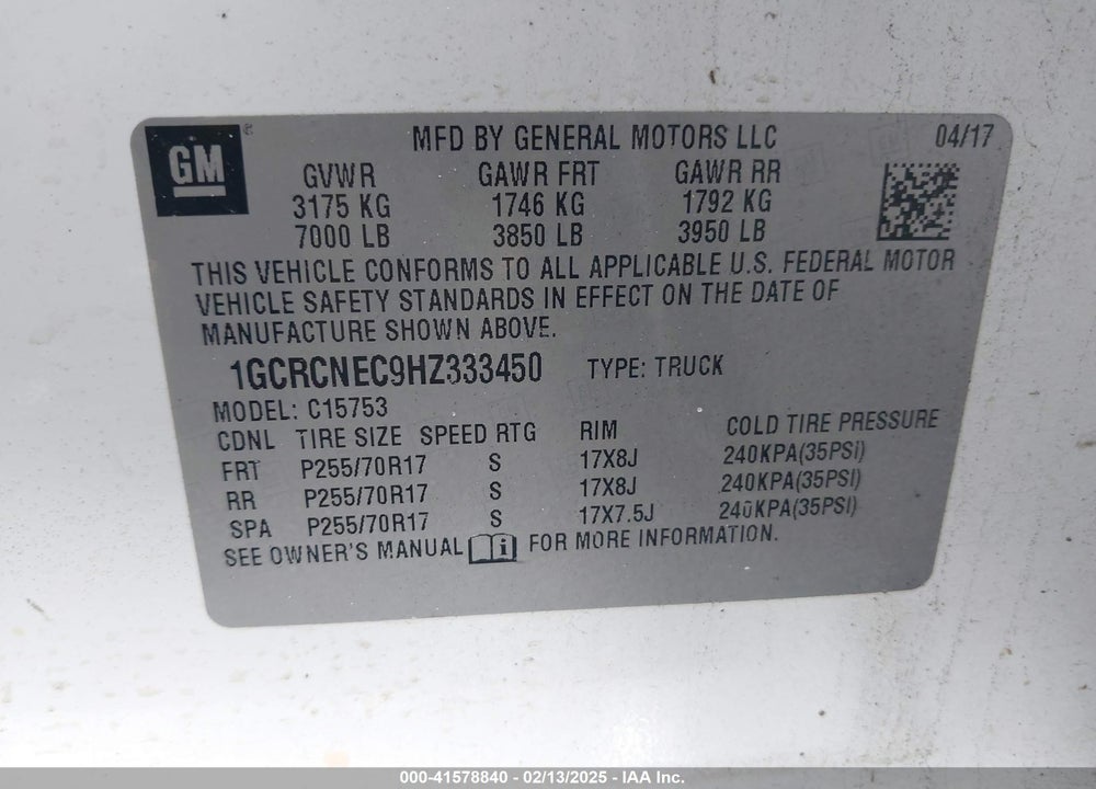 2017 CHEVROLET SILVERADO 1500 VIN: 1GCRCNEC9HZ333450