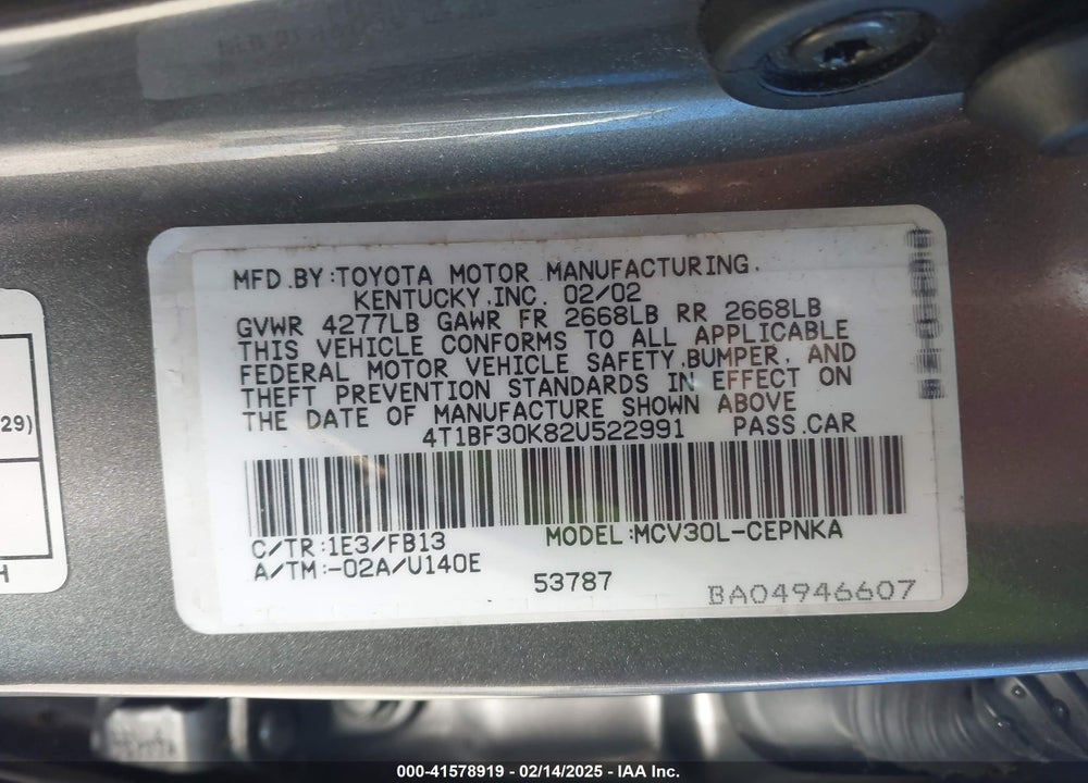 2002 TOYOTA CAMRY VIN: 4T1BF30K82U522991