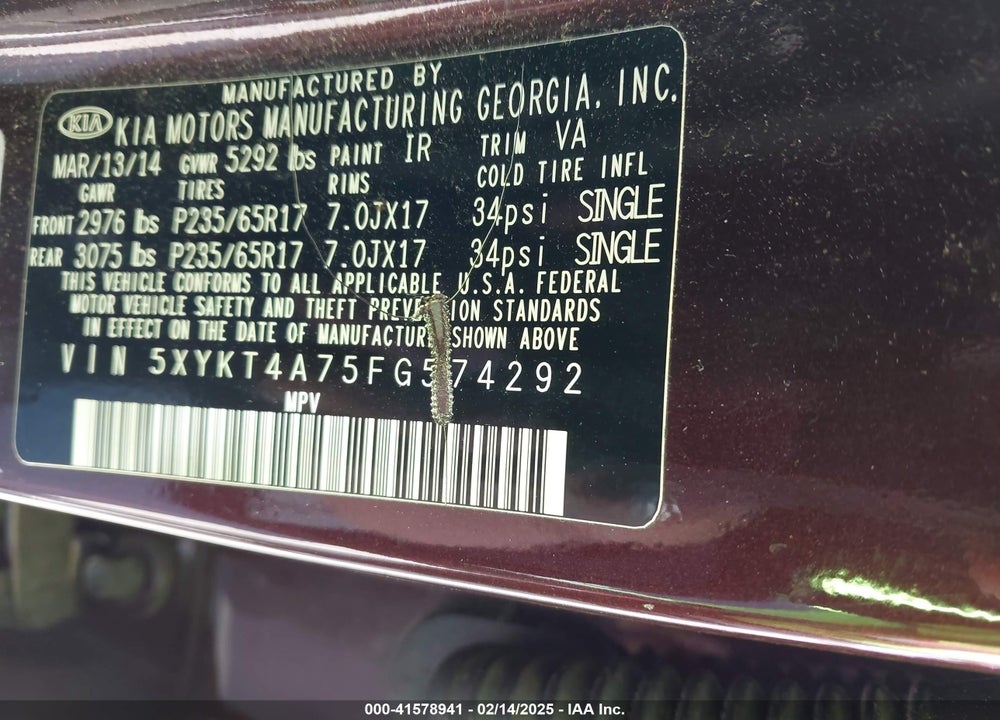 2015 KIA SORENTO LX V6 VIN: 5XYKT4A75FG574292