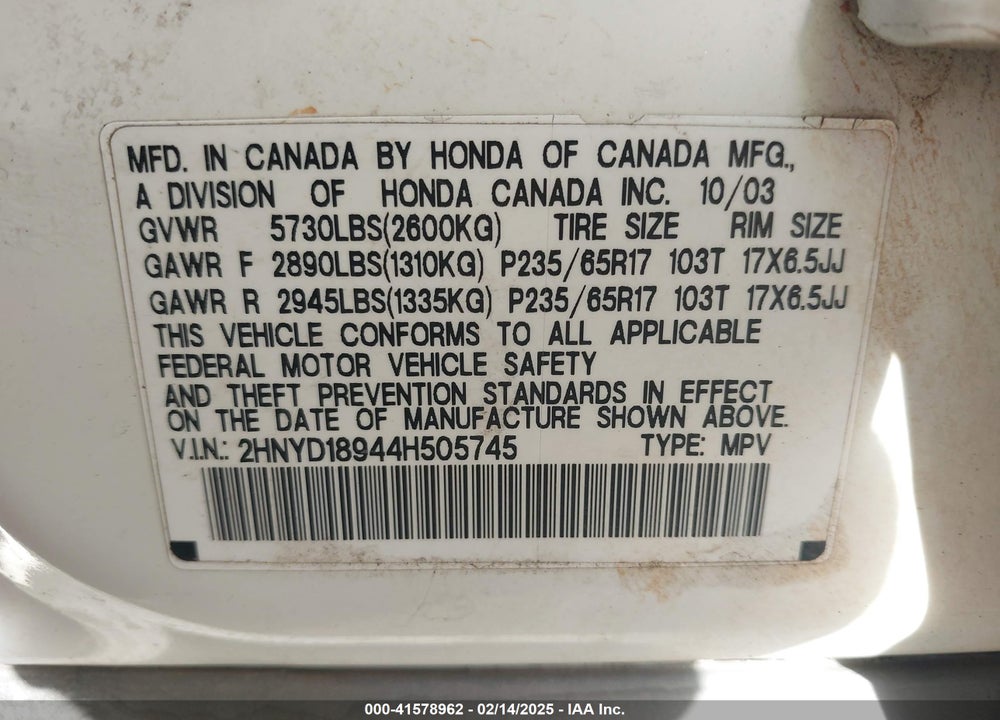 2004 ACURA MDX VIN: 2HNYD18944H505745