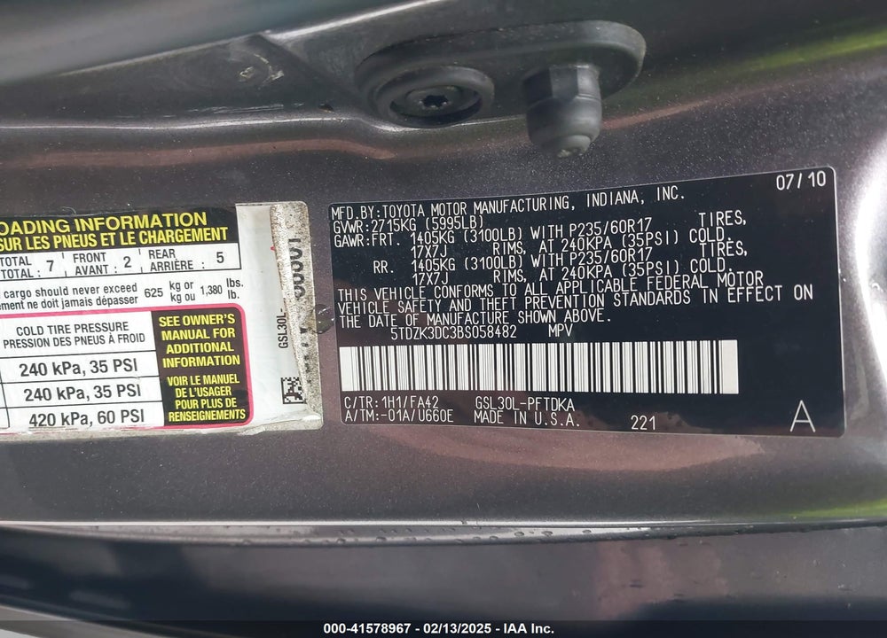 2011 TOYOTA SIENNA BASE V6 VIN: 5TDZK3DC3BS058482