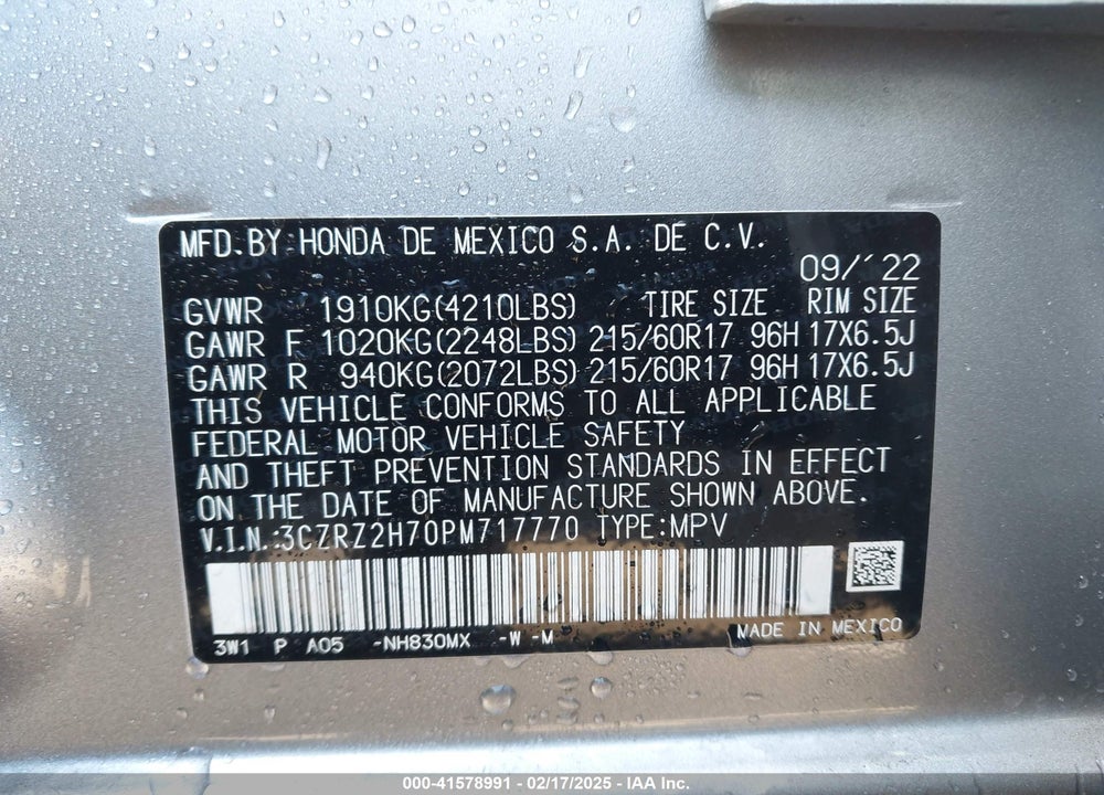2023 HONDA HR-V VIN: 3CZRZ2H70PM717770