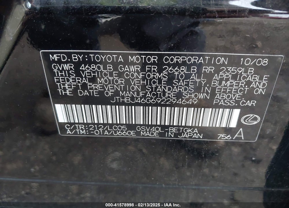 2009 LEXUS ES VIN: JTHBJ46G692294649