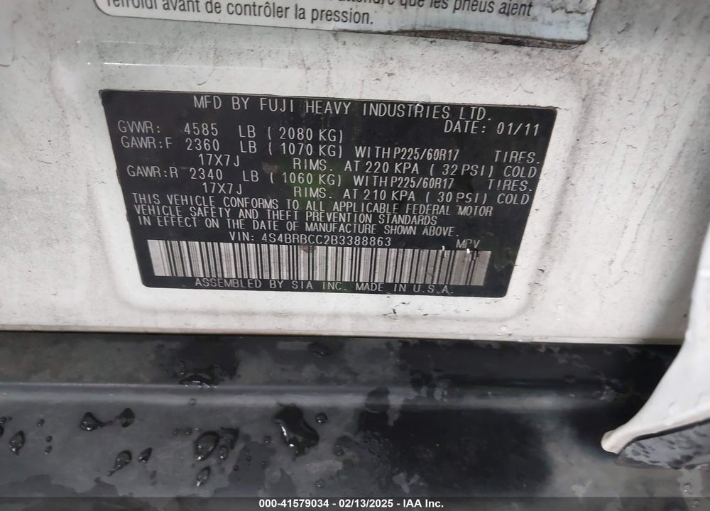2011 SUBARU OUTBACK VIN: 4S4BRBCC2B3388863