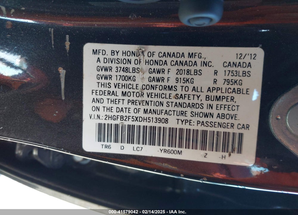 2013 HONDA CIVIC VIN: 2HGFB2F5XDH513908