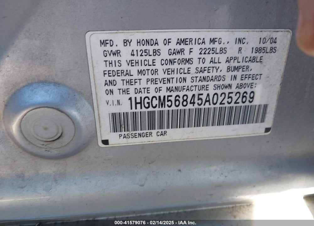 2005 HONDA ACCORD 2.4 EX VIN: 1HGCM56845A025269