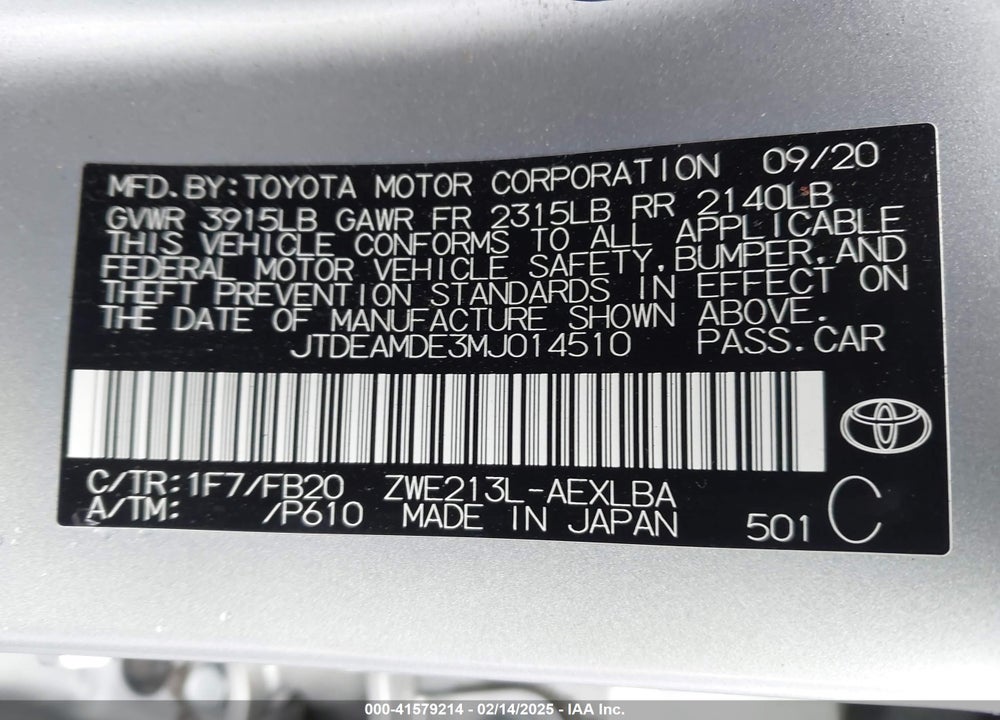 2021 TOYOTA COROLLA VIN: JTDEAMDE3MJ014510