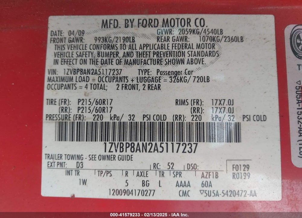2010 FORD MUSTANG V6/V6 PREMIUM VIN: 1ZVBP8AN2A5117237