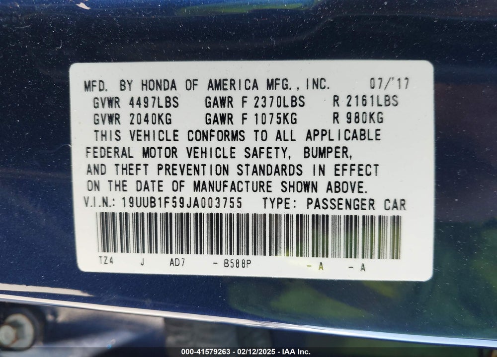 2018 ACURA TLX VIN: 19UUB1F59JA003755