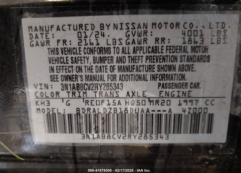 2024 NISSAN SENTRA SV XTRONIC CVT VIN: 3N1AB8CV2RY285343