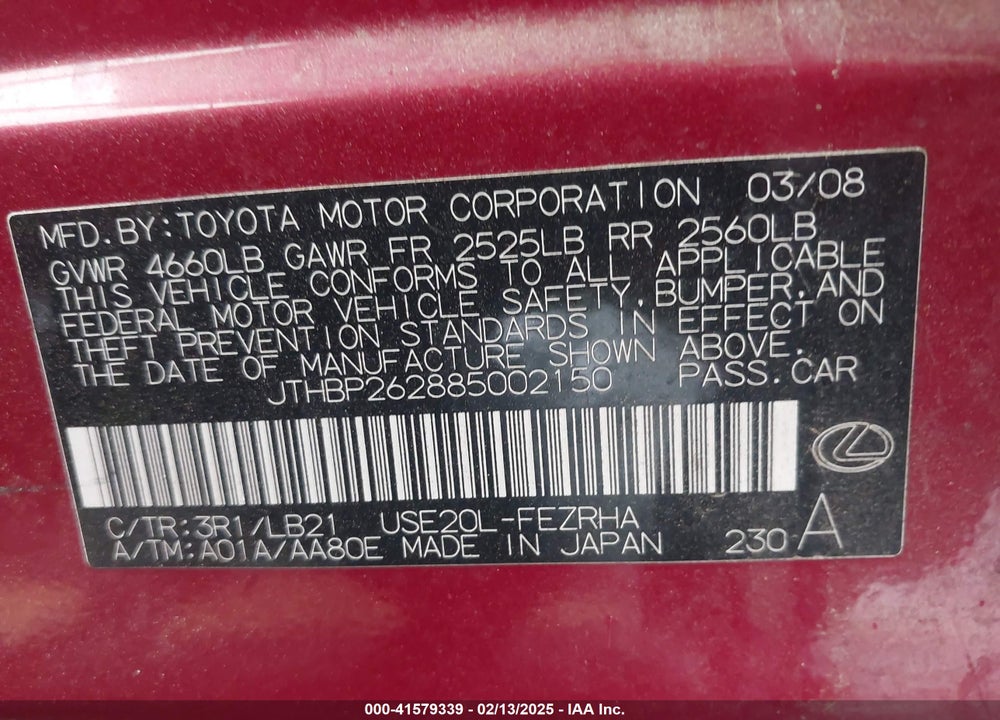 2008 LEXUS IS F VIN: JTHBP262885002150