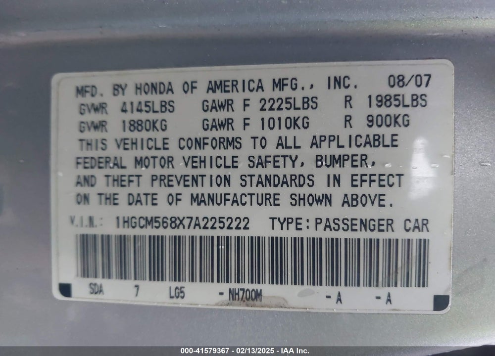 2007 HONDA ACCORD VIN: 1HGCM568X7A225222