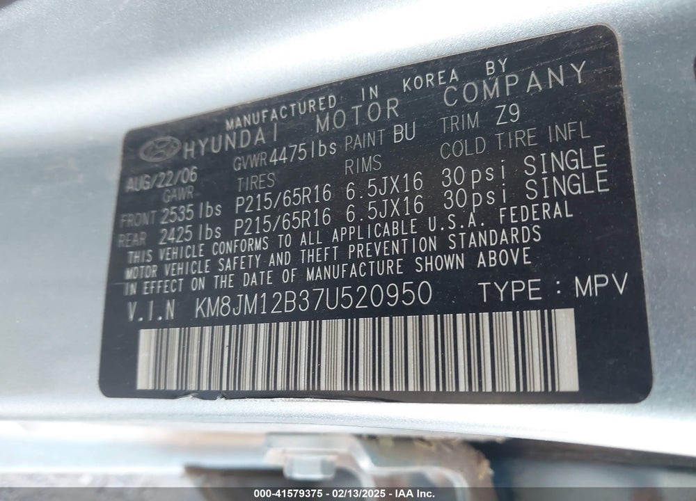 2007 HYUNDAI TUCSON GLS VIN: KM8JM12B37U520950