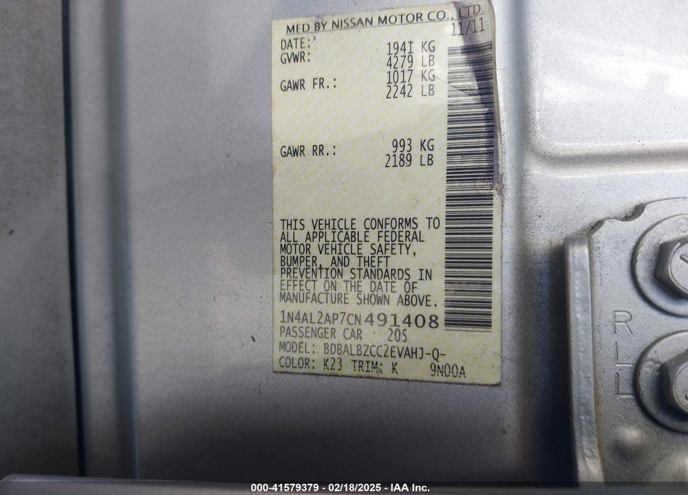 2012 NISSAN ALTIMA 2.5 S VIN: 1N4AL2AP7CN491408