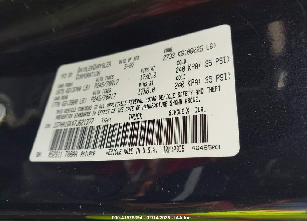 2007 DODGE RAM 1500 ST VIN: 1D7HA16K47J621377