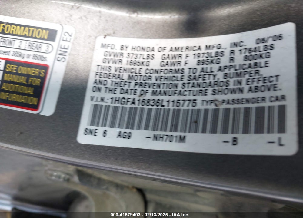 2006 HONDA CIVIC EX VIN: 1HGFA16836L115775