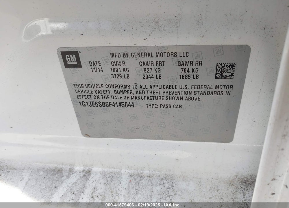 2015 CHEVROLET SONIC VIN: 1G1JE6SB6F4145044