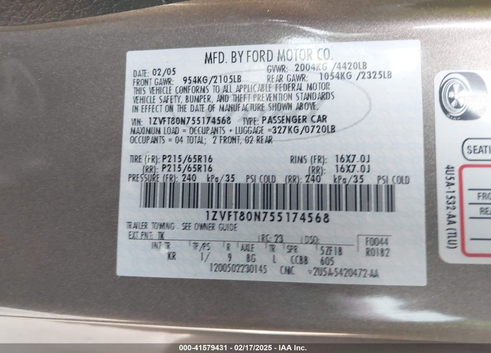 2005 FORD MUSTANG VIN: 1ZVFT80N755174568
