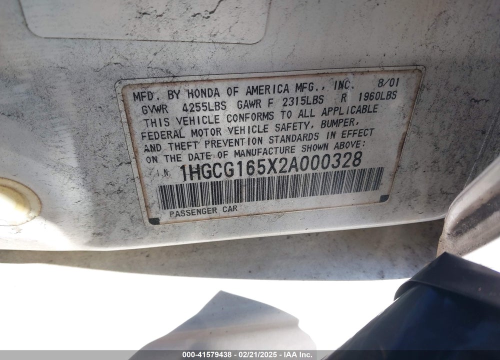 2002 HONDA ACCORD 3.0 EX VIN: 1HGCG165X2A000328