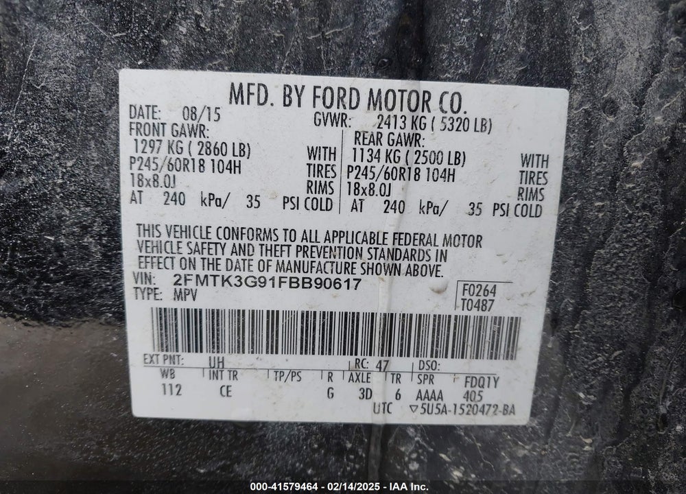 2015 FORD EDGE SE VIN: 2FMTK3G91FBB90617