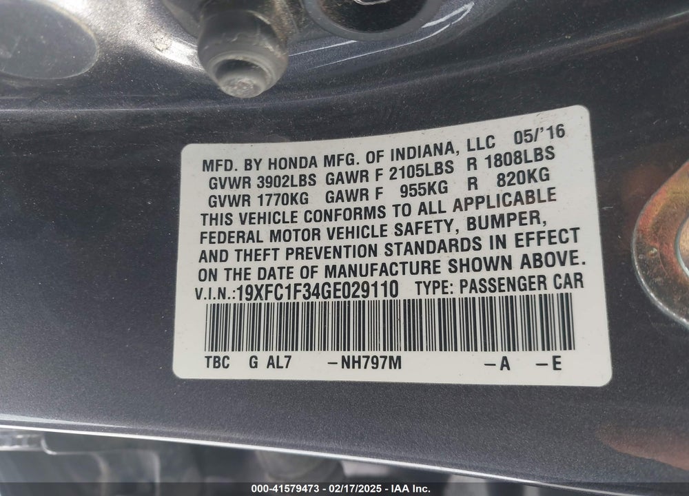 2016 HONDA CIVIC VIN: 19XFC1F34GE029110