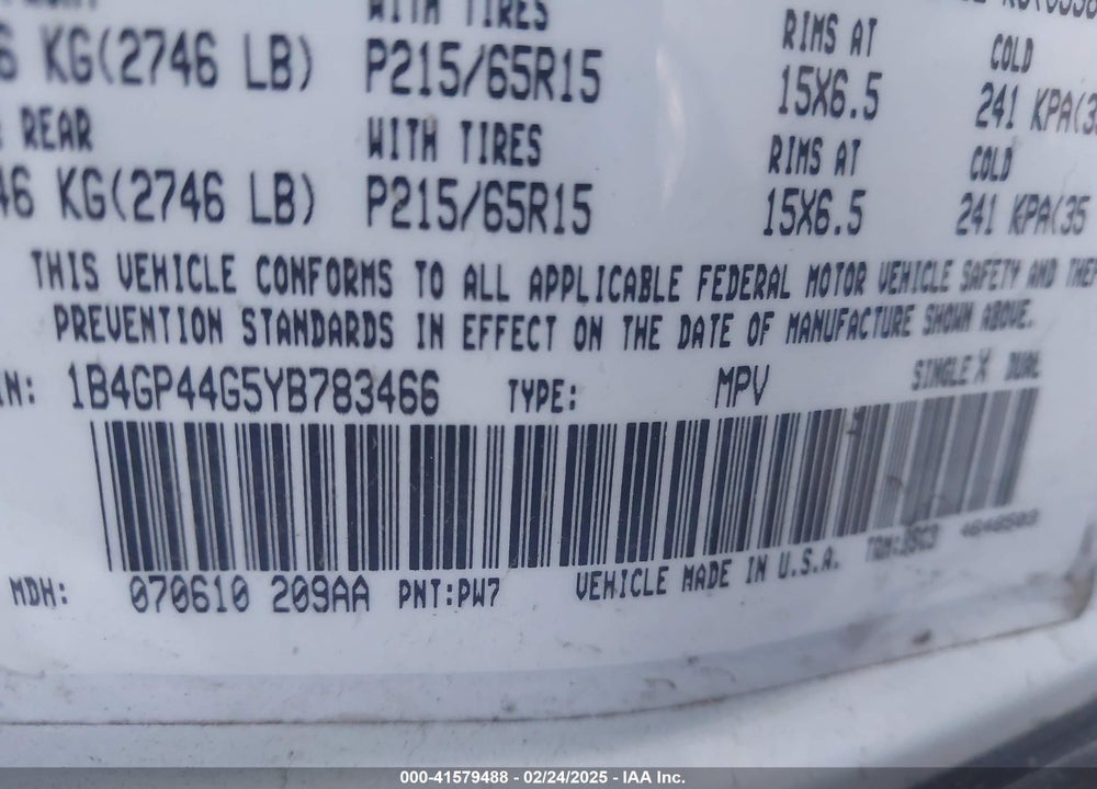 2000 DODGE GRAND CARAVAN SE VIN: 1B4GP44G5YB783466