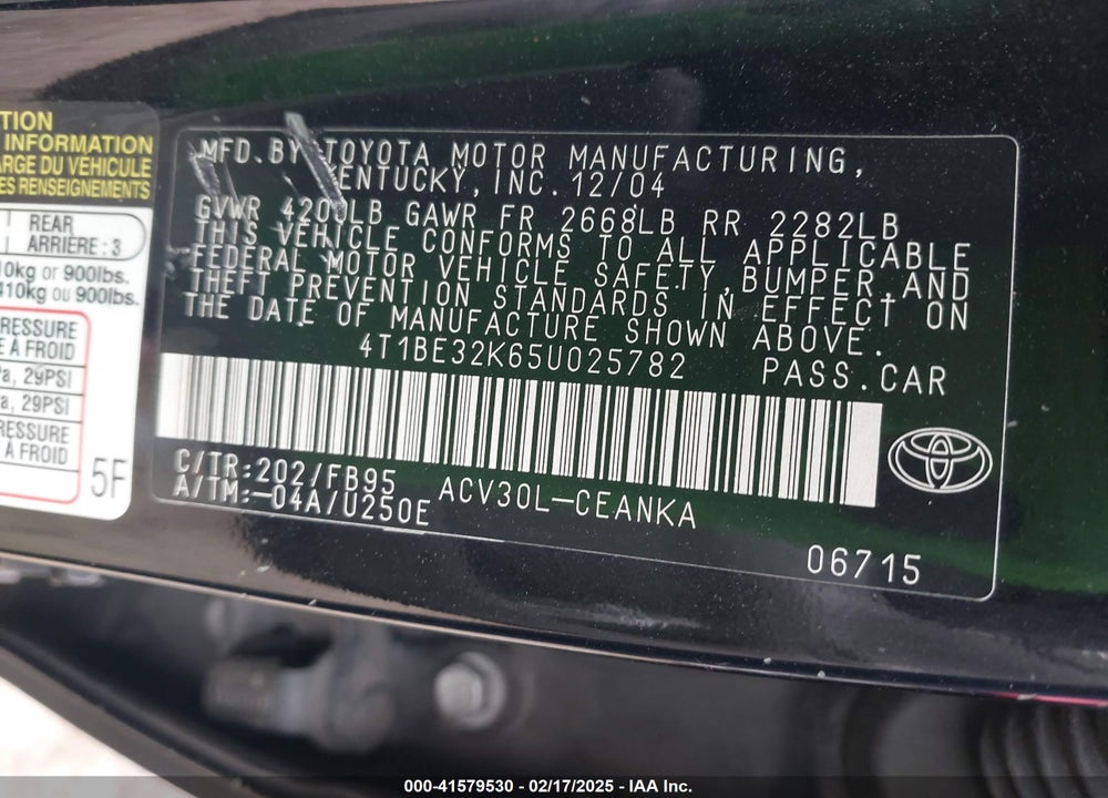 2005 TOYOTA CAMRY LE VIN: 4T1BE32K65U025782