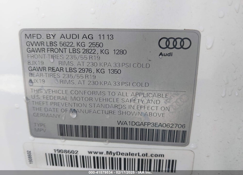 2014 AUDI Q5 3.0T PREMIUM PLUS VIN: WA1DGAFP3EA062706