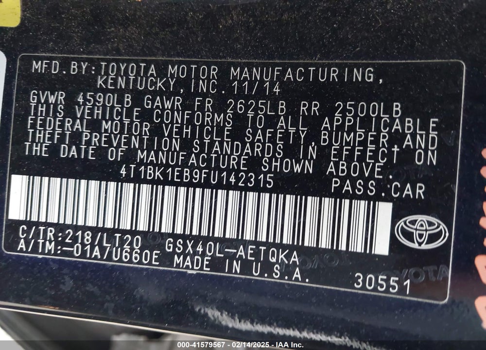 2015 TOYOTA AVALON VIN: 4T1BK1EB9FU142315