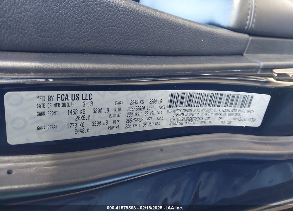 2019 DODGE DURANGO VIN: 1C4RDJDG6KC723376
