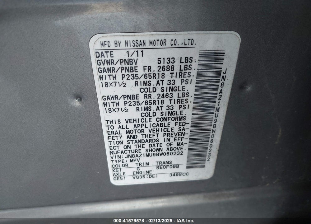 2011 NISSAN MURANO SL VIN: JN8AZ1MU9BW060232