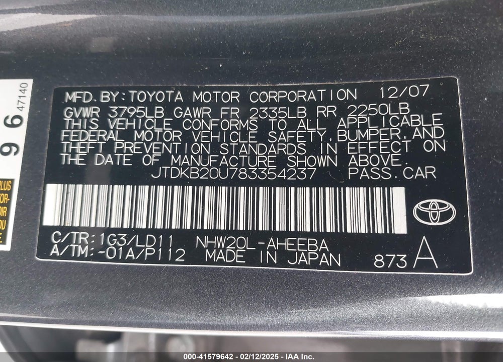 2008 TOYOTA PRIUS TOURING VIN: JTDKB20U783354237