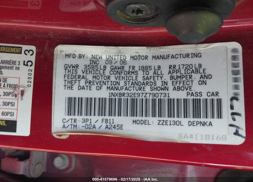 2007 TOYOTA COROLLA LE VIN: 1NXBR32E97Z790731