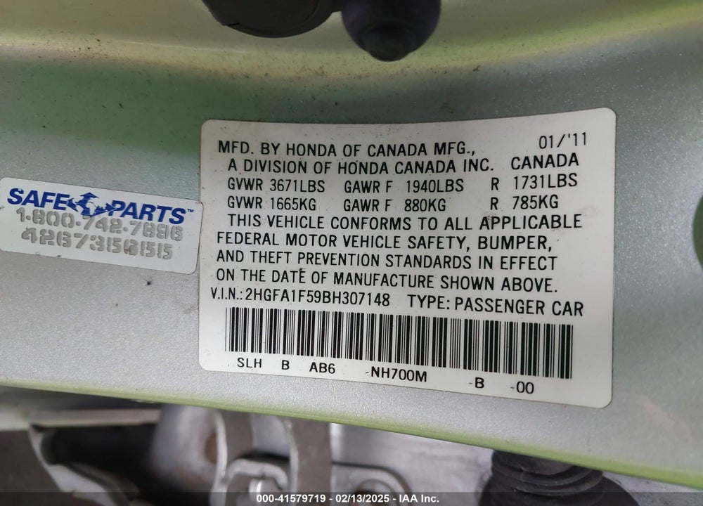 2011 HONDA CIVIC LX VIN: 2HGFA1F59BH307148
