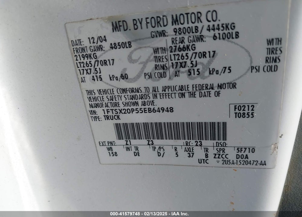 2005 FORD F-250 LARIAT/XL/XLT VIN: 1FTSX20P55EB64948