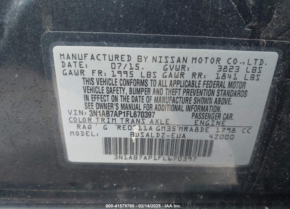 2015 NISSAN SENTRA VIN: 3N1AB7AP1FL670397