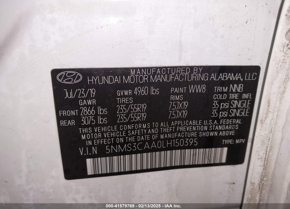 2020 HYUNDAI SANTA FE SEL 2.0T VIN: 5NMS3CAA0LH150395