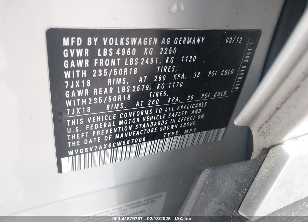 2012 VOLKSWAGEN TIGUAN VIN: WVGBV7AX6CW587008