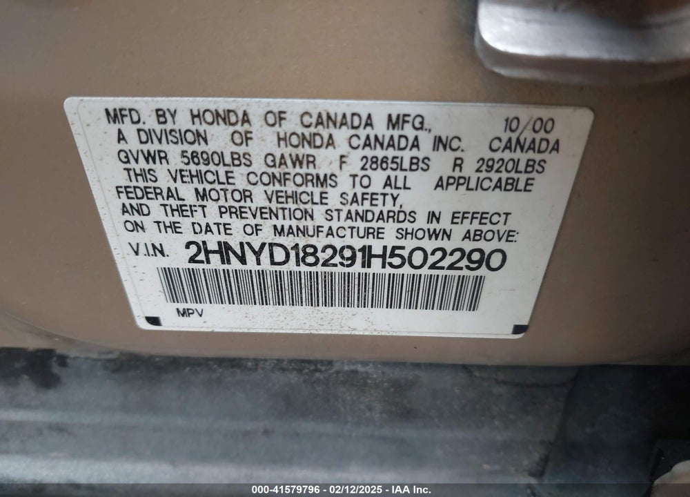2001 ACURA MDX VIN: 2HNYD18291H502290