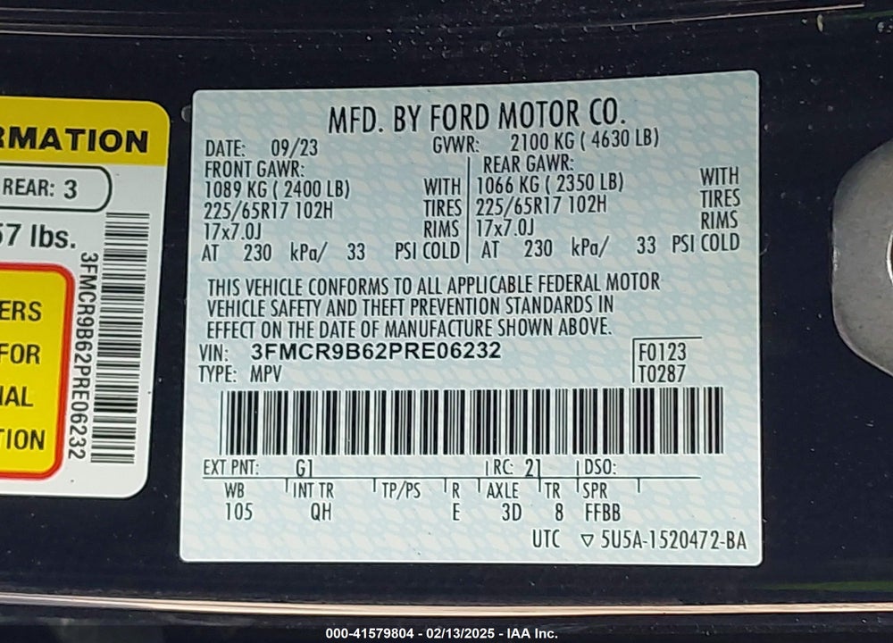 2023 FORD BRONCO SPORT BIG BEND VIN: 3FMCR9B62PRE06232