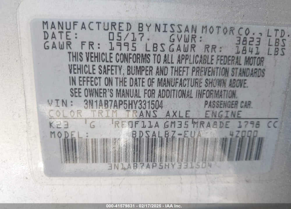 2017 NISSAN SENTRA VIN: 3N1AB7AP5HY331504
