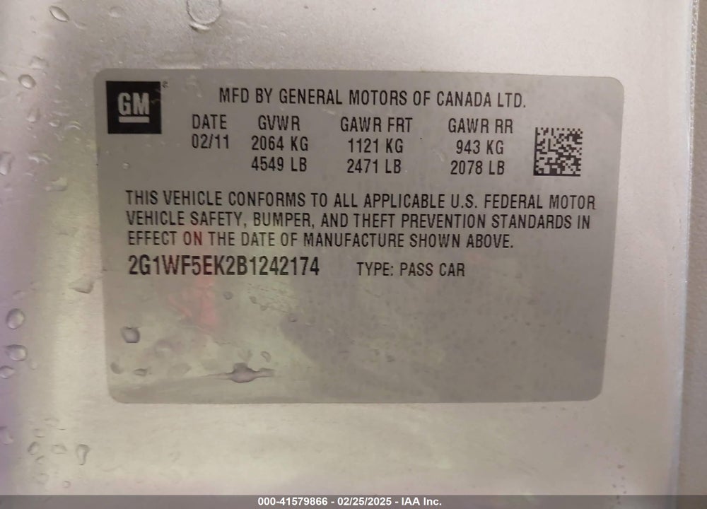 2011 CHEVROLET IMPALA LS VIN: 2G1WF5EK2B1242174