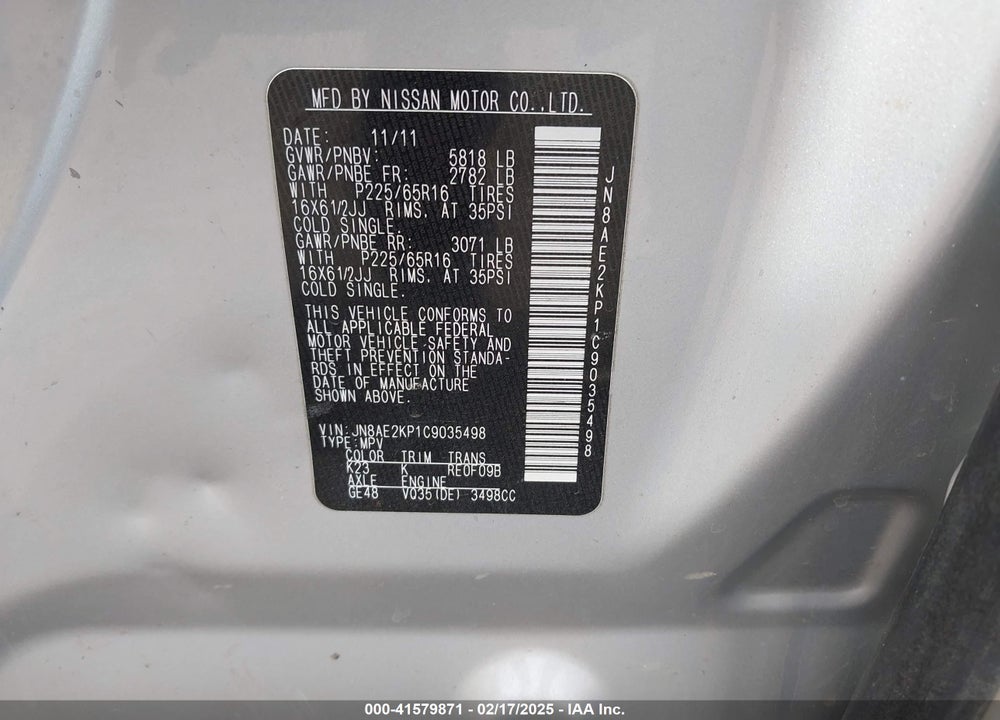 2012 NISSAN QUEST S VIN: JN8AE2KP1C9035498