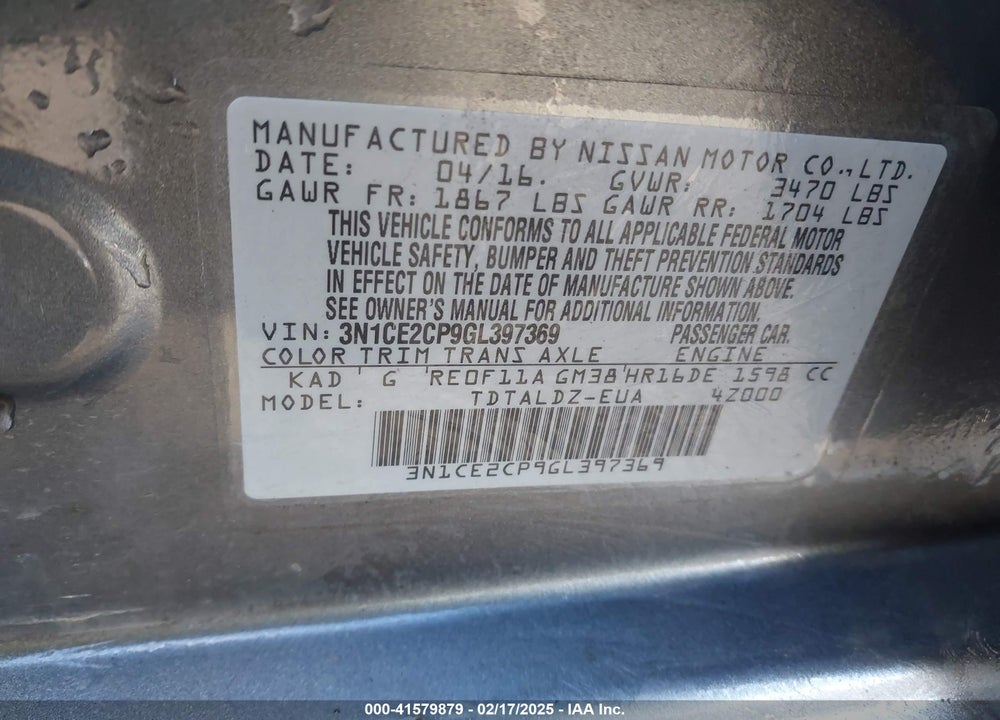 2016 NISSAN VERSA NOTE VIN: 3N1CE2CP9GL397369