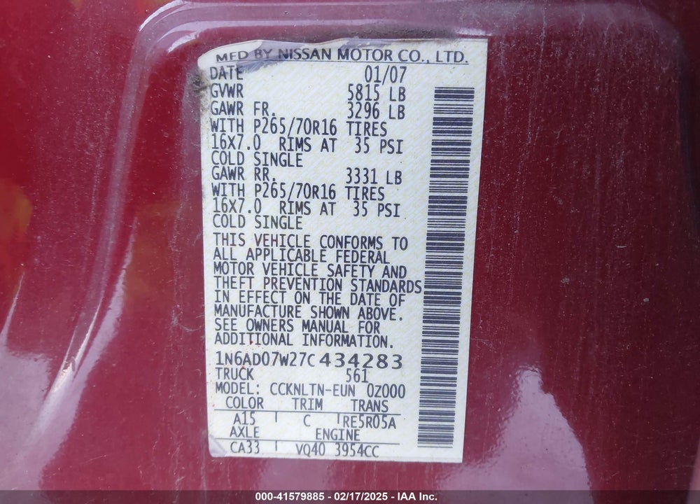 2007 NISSAN FRONTIER VIN: 1N6AD07W27C434283