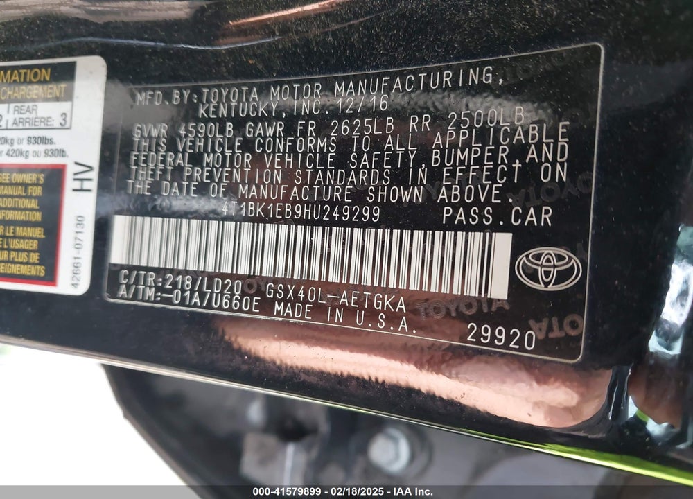 2017 TOYOTA AVALON VIN: 4T1BK1EB9HU249299