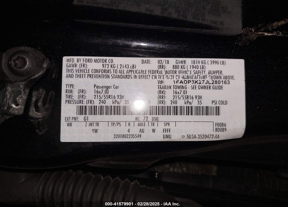 2018 FORD FOCUS VIN: 1FADP3K27JL280163