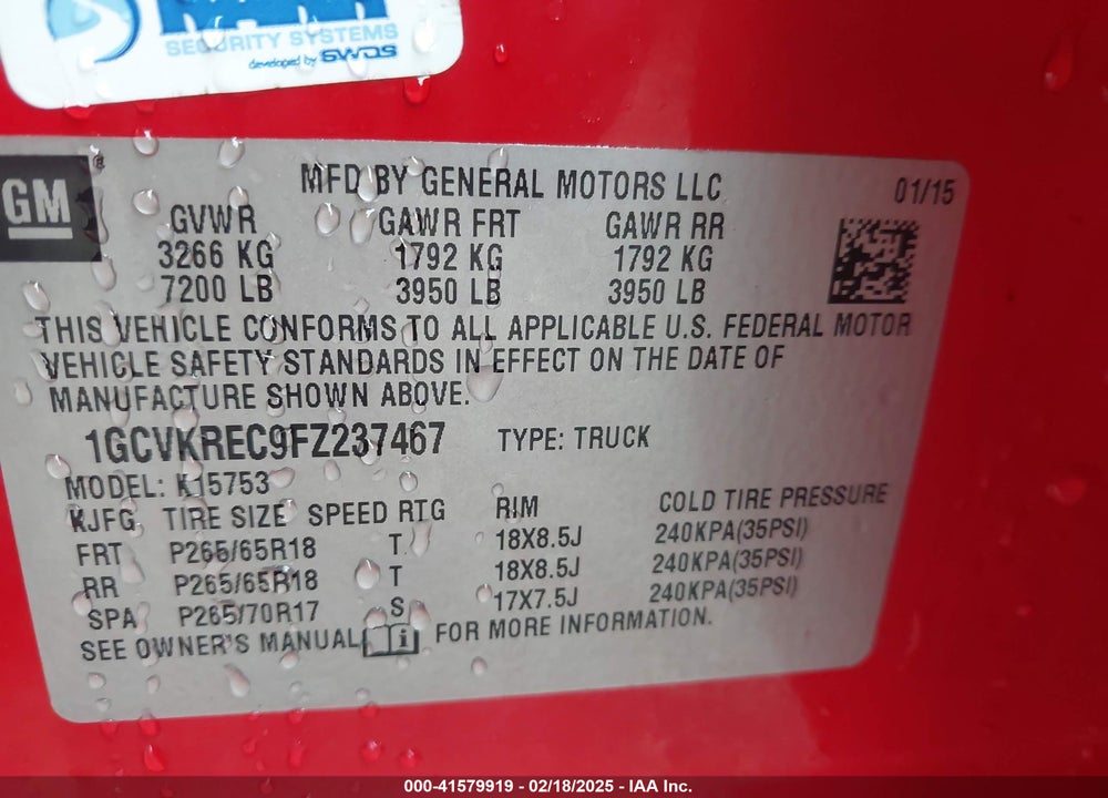 2015 CHEVROLET SILVERADO 1500 VIN: 1GCVKREC9FZ237467