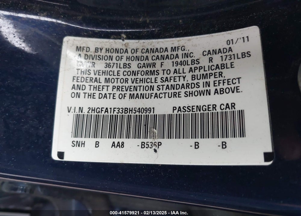 2011 HONDA CIVIC VIN: 2HGFA1F33BH540991