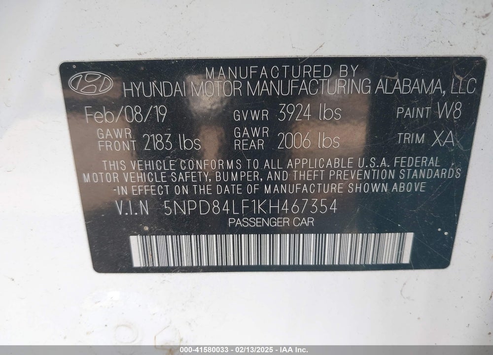 2019 HYUNDAI ELANTRA VIN: 5NPD84LF1KH467354